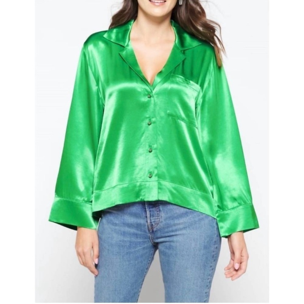 Pistola Green Satin Sia Long Sleeve Button Down Blouse in Fern Green Size XL NEW